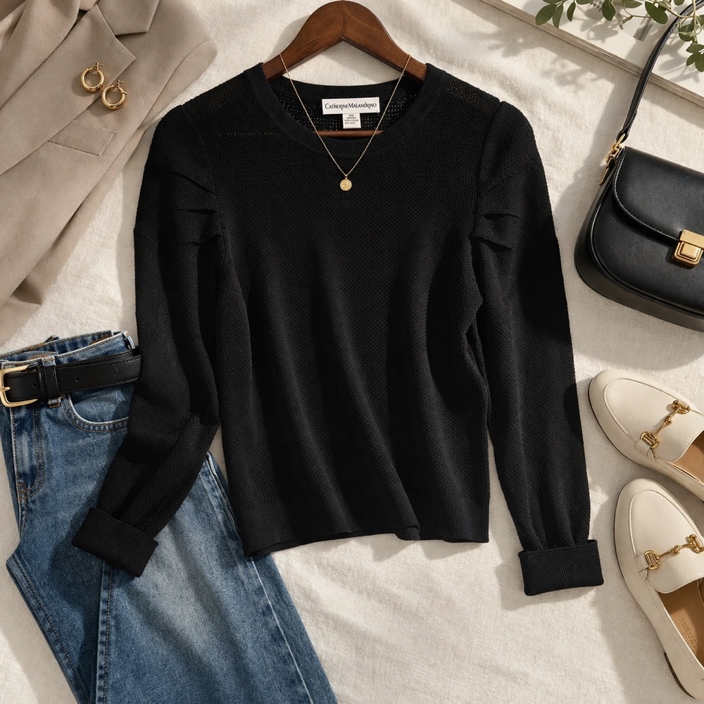 Catherine Malandrino Black Textured Knit Sweater Large Minimalist Quiet Luxury - Picture 3 of 8